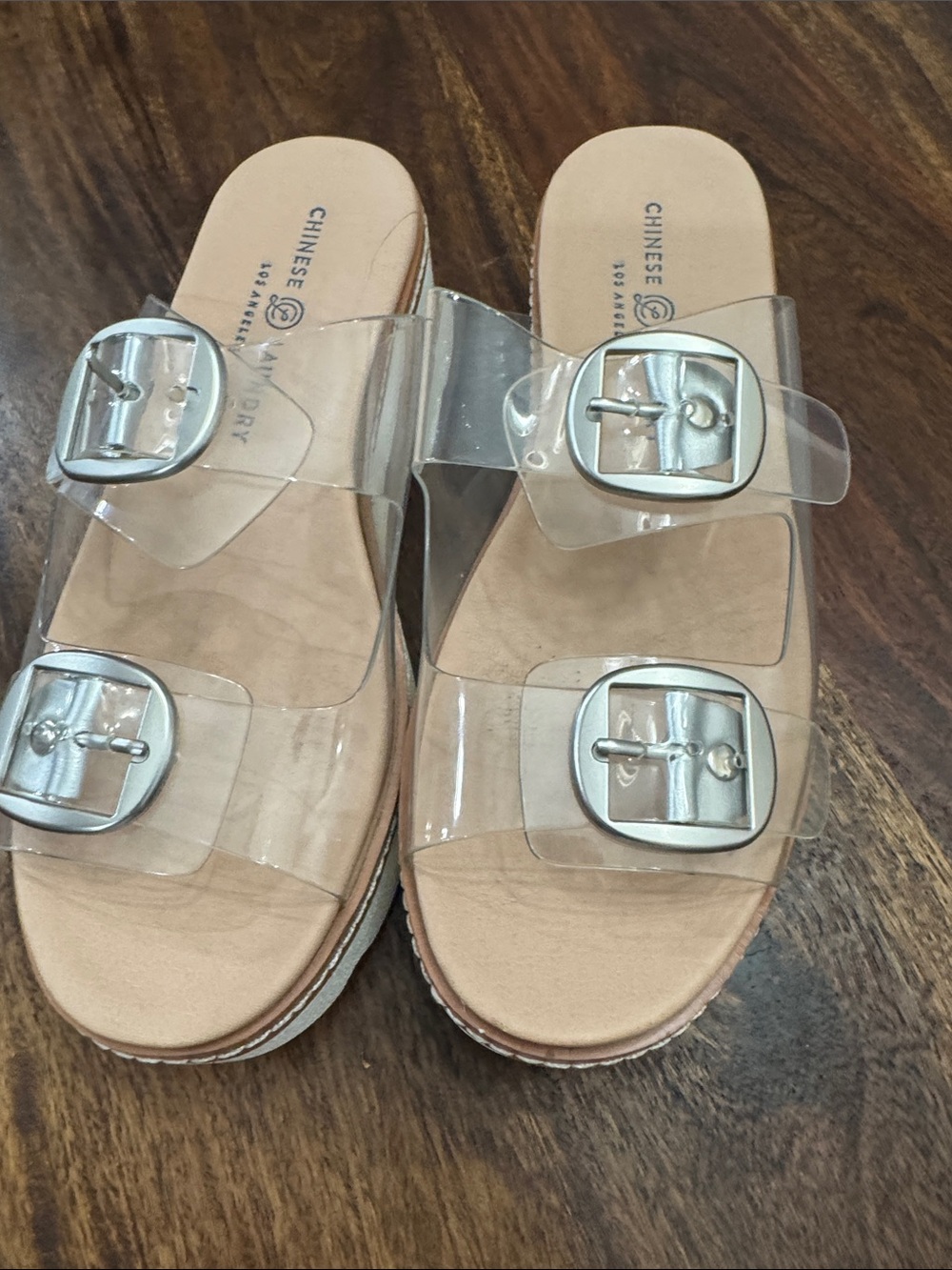 Chinese Laundry Clear Double-Buckle Slide Sandals in Transparent and Beige